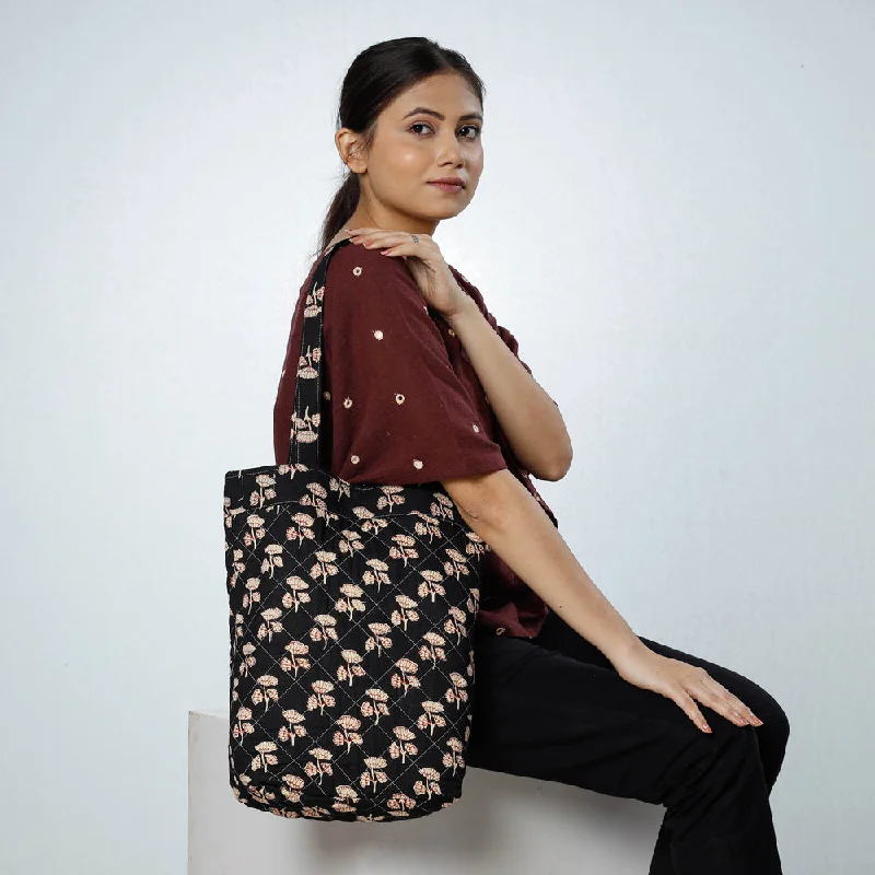 Shoulder bags featuring brass fittings for luxe shine -Black - Handcrafted Quilted Sanganeri Block Printed Shoulder Bag