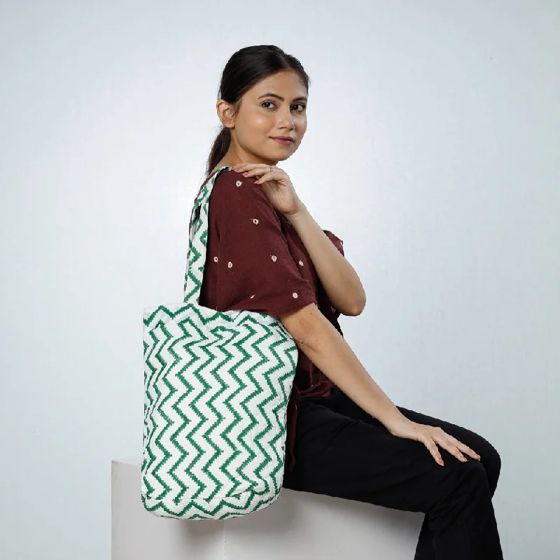 Shoulder bags with zip tops for secure carry -White - Handcrafted Quilted Sanganeri Block Printed Shoulder Bag