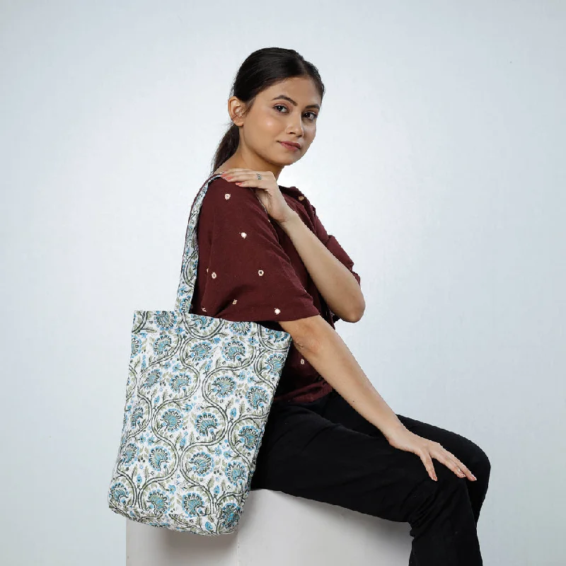 Roomy shoulder bags perfect for travel and errands -Blue - Handcrafted Quilted Sanganeri Block Printed Shoulder Bag