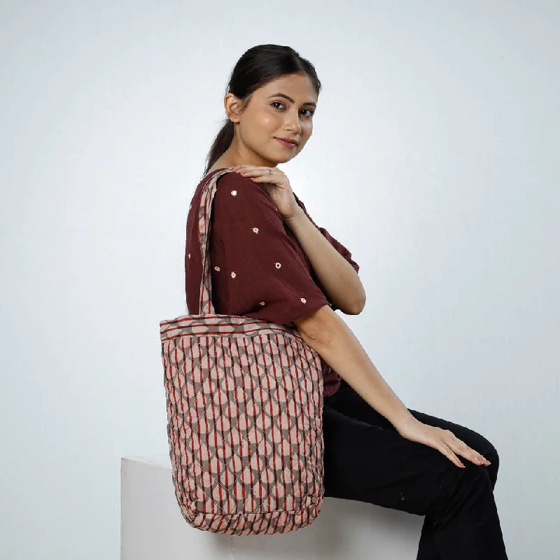 Retro shoulder bags inspired by vintage bag styles -Brown - Handcrafted Quilted Bagru Block Printed Shoulder Bag