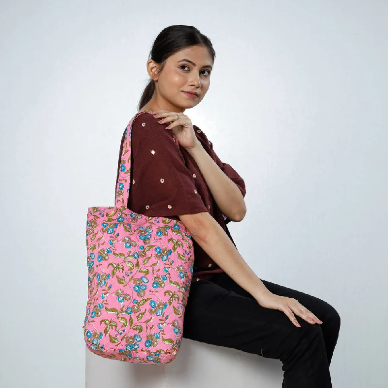 Petite shoulder bags ideal for light day trips -Pink - Handcrafted Quilted Sanganeri Block Printed Shoulder Bag