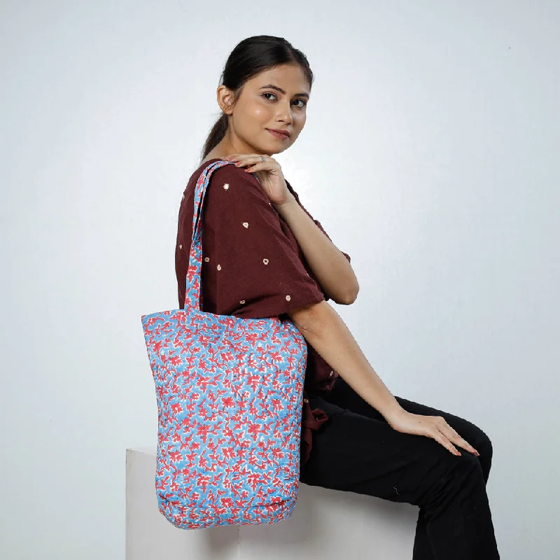 Shoulder bags with foam lining for tech safety -Blue - Handcrafted Quilted Sanganeri Block Printed Shoulder Bag