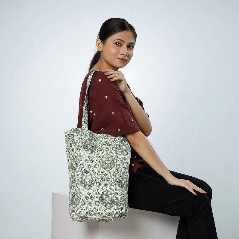 Shoulder bags with glossy finish for quiet shine -Green - Handcrafted Quilted Sanganeri Block Printed Shoulder Bag