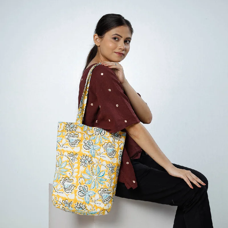 Shoulder bags with plaited straps for textured charm -Yellow - Handcrafted Quilted Sanganeri Block Printed Shoulder Bag