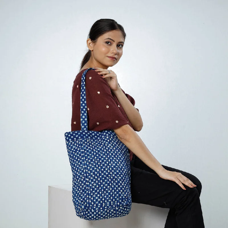 Shoulder bags with wavy stitching for dynamic flair -Blue - Handcrafted Quilted Bagru Block Printed Shoulder Bag