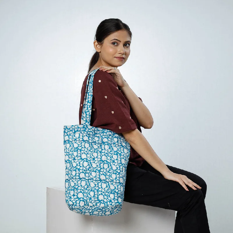 Shoulder bags with key clips for quick grabs -Blue - Handcrafted Quilted Sanganeri Block Printed Shoulder Bag