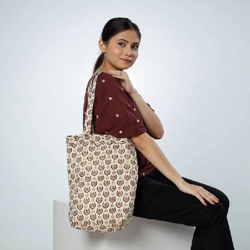 Shoulder bags featuring stretchy sides for more room -Beige - Handcrafted Quilted Sanganeri Block Printed Shoulder Bag