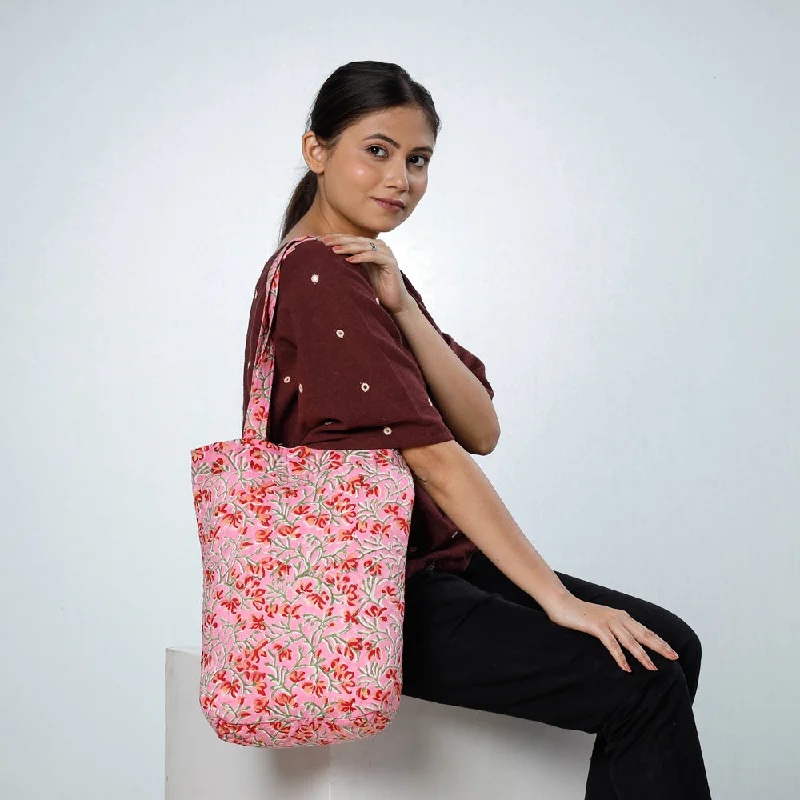 Shoulder bags with light nylon for easy carry -Pink - Handcrafted Quilted Sanganeri Block Printed Shoulder Bag