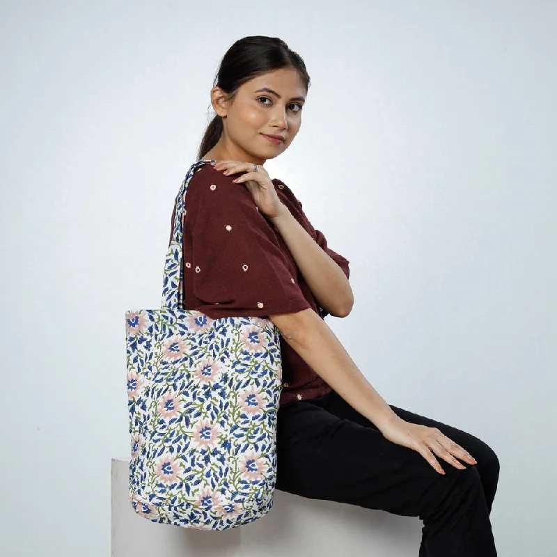 Shoulder bags inspired by classic tote designs -Blue - Handcrafted Quilted Sanganeri Block Printed Shoulder Bag