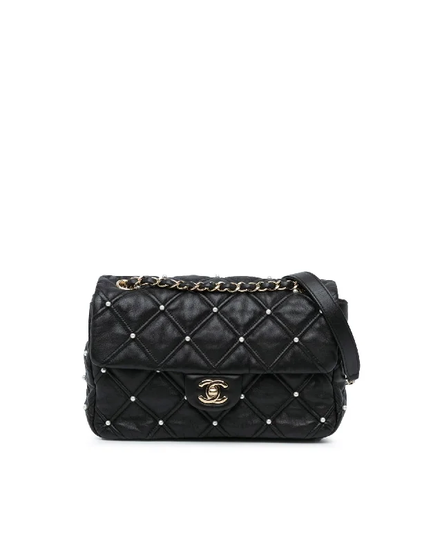 Shoulder bags great for events with chic vibe -Medium Quilted Lambskin Flap Bag with Pearl Studs and Chain Straps