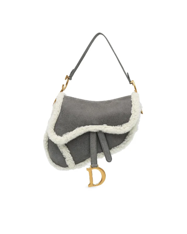 Shoulder bags with plush leather for rich feel -Shearling Trim Suede Leather Saddle Bag