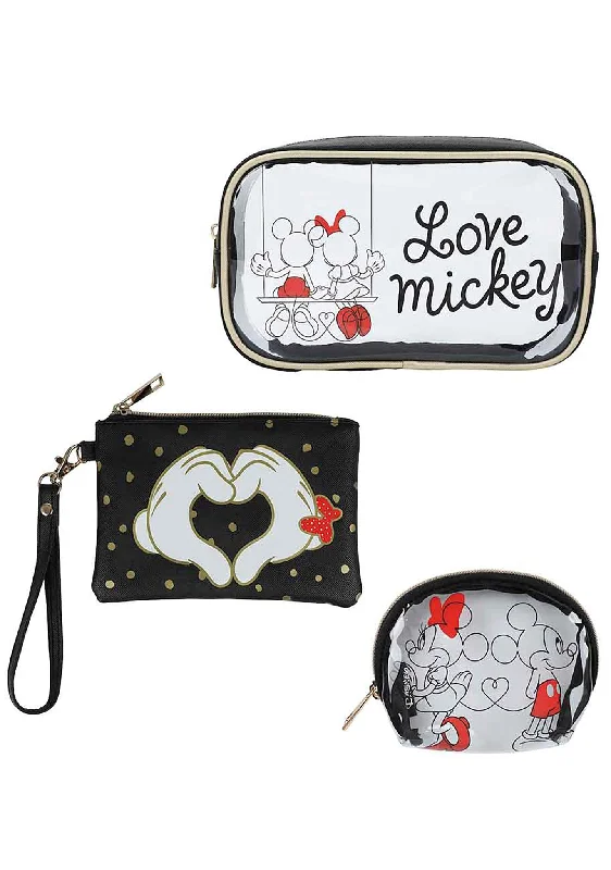 Canvas tote bags with intricate embroidery for women who love unique designs -Disney Mickey & Minnie Love Travel 3PC Cosmetic Bags