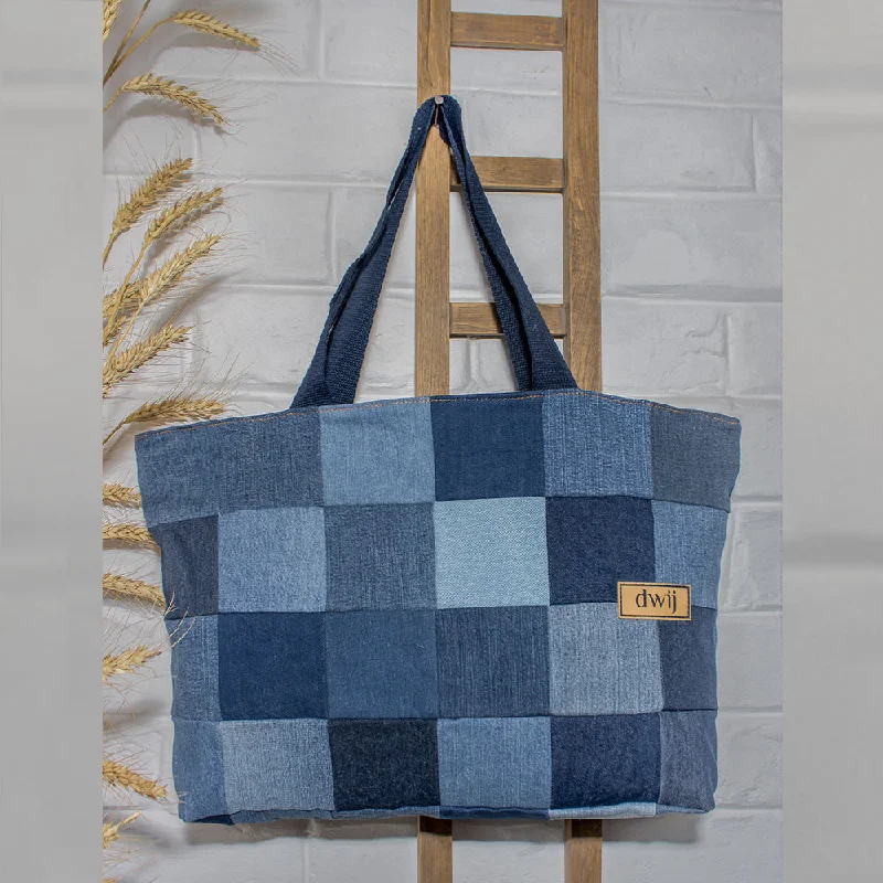 Shoulder bags with plant-based leather for ethics -Blue - Upcycled Denim Chequered Tote Bags