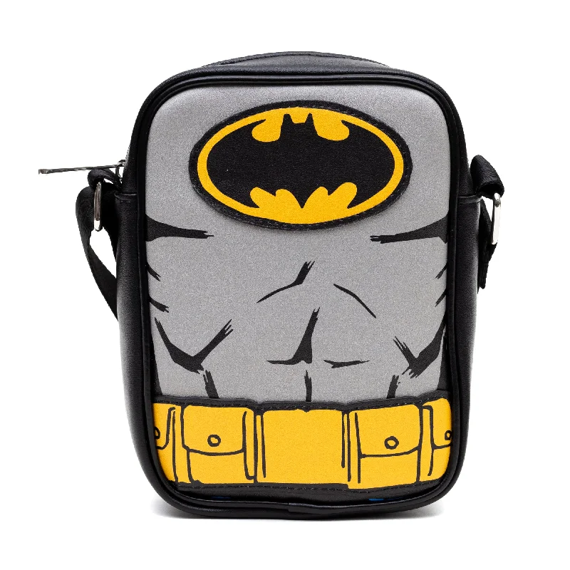 Vegan leather tote bags with spacious interiors for everyday work or casual use -DC Comics Vegan Leather Round Crossbody Bag with Adjustable Straps, Batman Character Close Up with Bat and Belt Appliques, Black and Grey