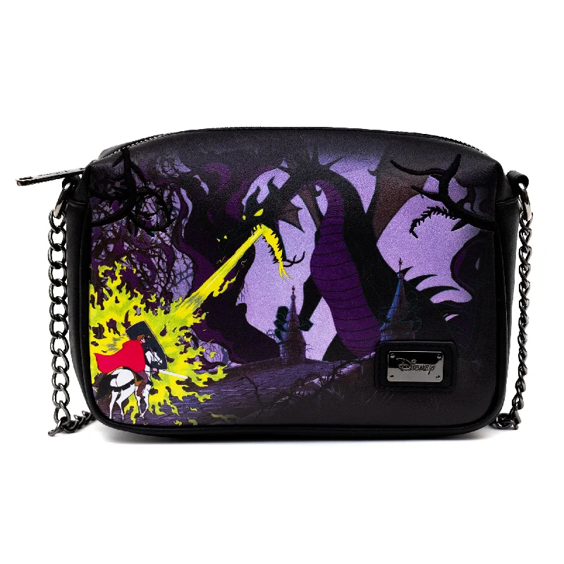 Designer tote bags with bold patterns and luxury accents for standout fashion -Disney Bag, Cross Body, Rectangle, Sleeping Beauty Prince and Dragon Scene with Aurora Pose, Vegan Leather