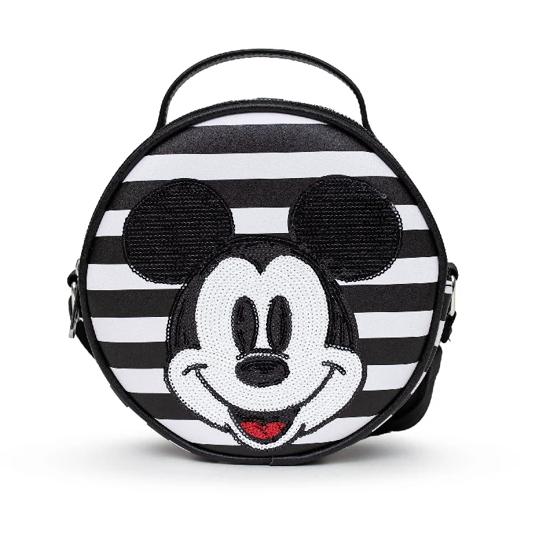 Foldable shopping tote bags for easy storage and portability when traveling -Disney Bag, Cross Body, Round, Mickey Mouse Smiling Sequin Face Applique, Stripe Black White, Vegan Leather