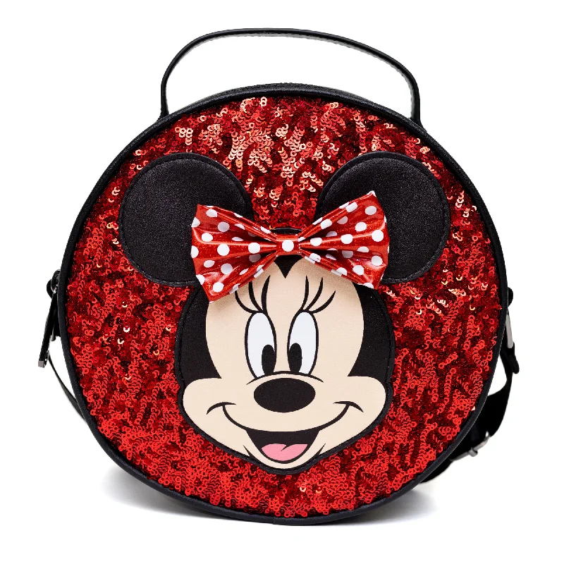 Hand-painted tote bags for a one-of-a-kind, artistic fashion accessory -Disney Bag, Cross Body, Round, Minnie Mouse Smiling Face and Bow Applique and Red Sequin, Vegan Leather