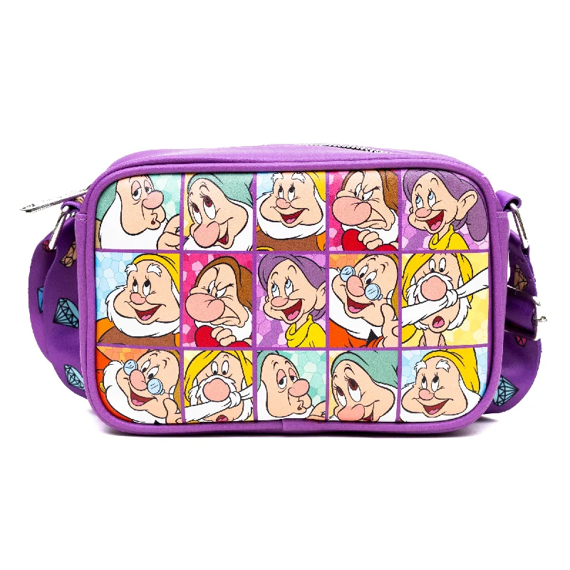 Canvas tote bags with intricate embroidery for women who love unique designs -Disney Vegan Leather Crossbody bag with Adjustable Straps, Snow White the Seven Dwarfs Expression Blocks Purple, 8.5" x 6.0"