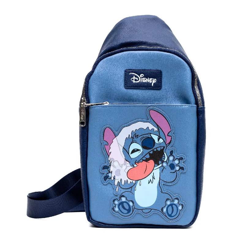 Water-resistant tote bags for rainy days, outdoor activities, or daily use -Disney Vegan Leather Crossbody Sling Bag, Lilo & Stitch Stitch Close Up Lick Pose Applique, Blue, 7" x 14"