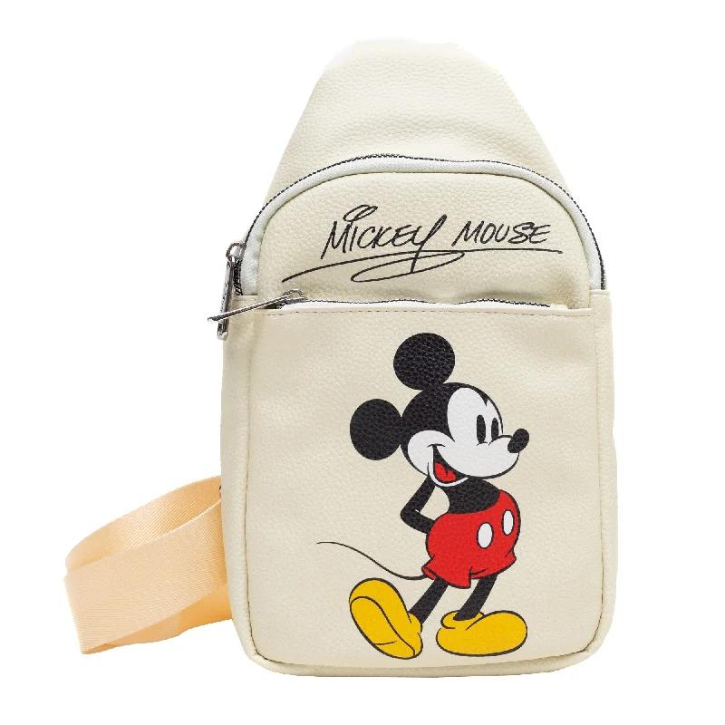 Colorful tote bags with unique patterns for women who love vibrant styles -Disney Vegan Leather Crossbody Sling Bag with Adjustable Straps, Mickey Mouse Classic Pose and Autograph, Beige, Bounding