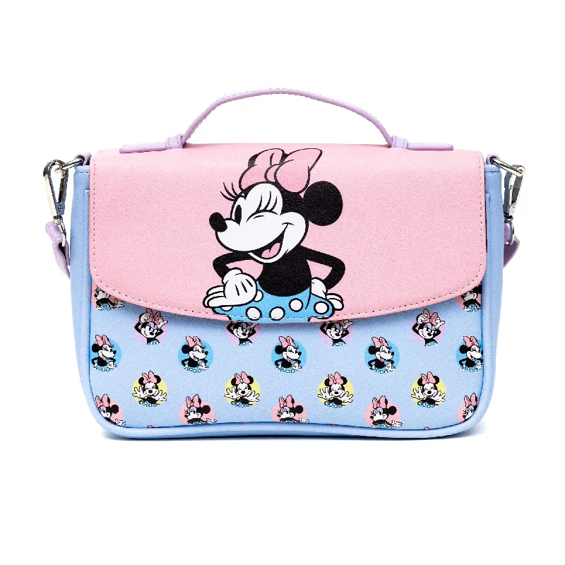 Woven straw tote bags for summer days, beach trips, or casual outings -Disney Vegan Leather Fold Over Cross Body Bag for Women, Minnie Mouse Winking Pose Pink and Polka Dot Poses Baby Blue