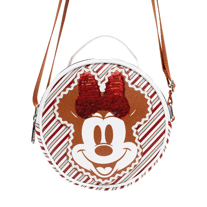 Structured leather tote bags for women who love classic and elegant designs -Disney Vegan Leather Round Crossbody Bag with Adjustable Straps, Minnie Mouse Holiday Gingerbread Smile with Sequin Bow Stripe White/Red/Green