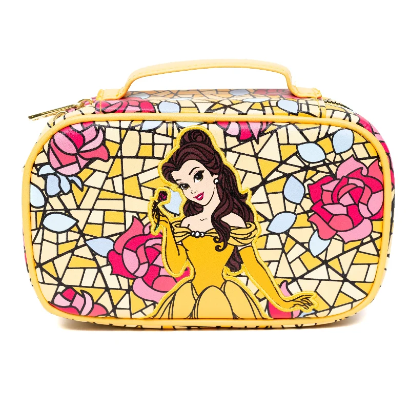 Tote bags with sturdy canvas material for durable and long-lasting wear -Disney Vegan Leather Travel Cosmetic Bag, Make-Up Bag for Women, Beauty and the Beast Belle Rose Pose Applique Stained Glass Print, Vegan Leather