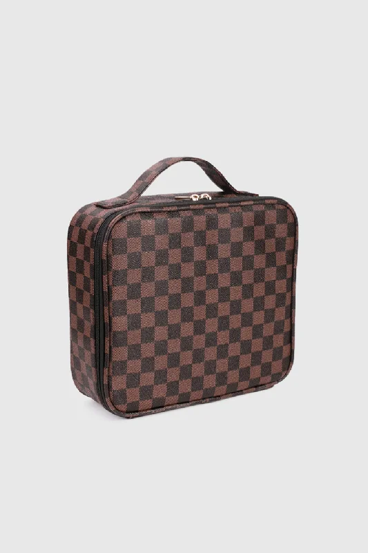 Luxury tote bags with premium leather and gold hardware for sophisticated style -ELAINE VEGAN LEATHER CHECKERED TRAVEL BAG IN BROWN