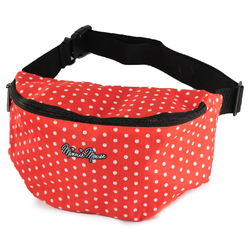 Trendy oversized tote bags for beach days, travel, or shopping trips -Fanny Pack - MINNIE MOUSE Script and Polka Dots Red White Black