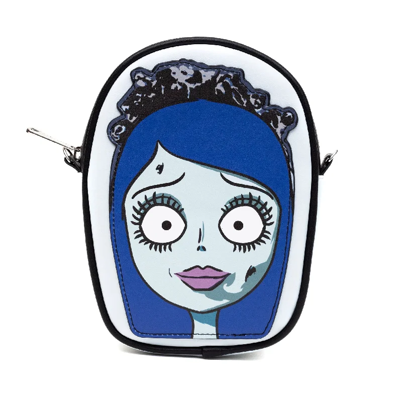 Tote bags with zipper closure for added security and peace of mind -Horror Movies Vegan Leather Cross Body Bag, Emily the Corpse Bride Face Applique Pale Blue