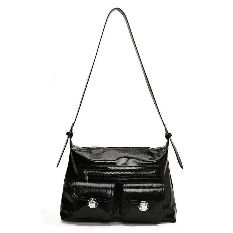 Shoulder bags featuring stretchy sides for more room -Large Shoulder Bags Leather Retro Outer Push Lock Pockets Zipper Women Handbags