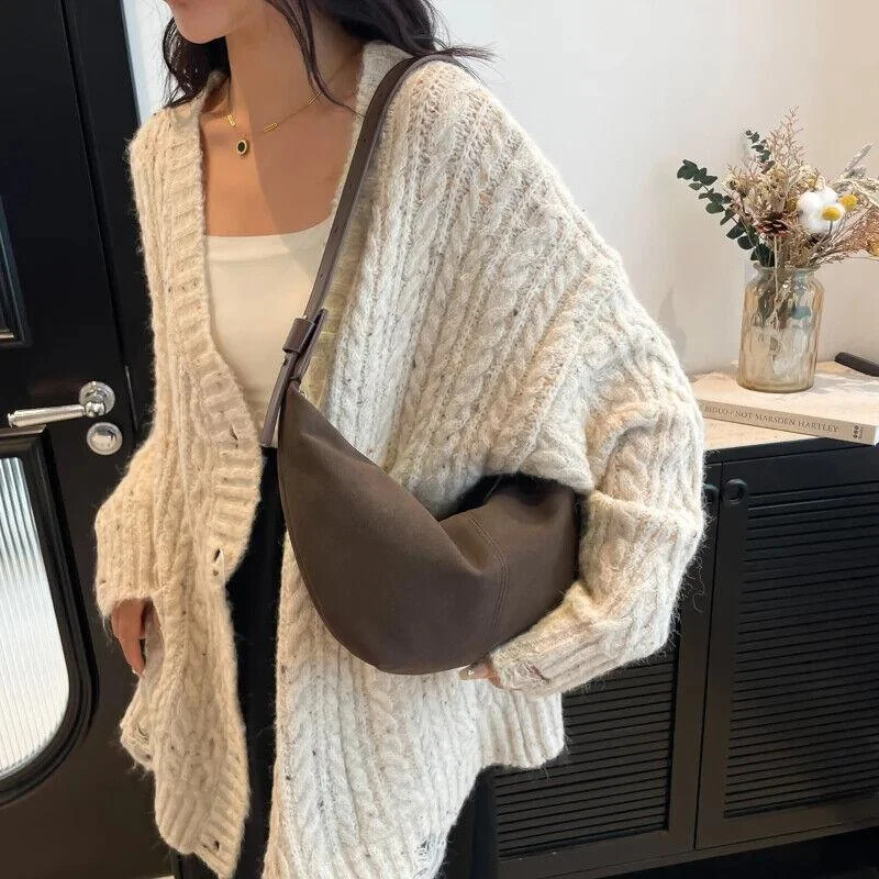 Shoulder bags perfect for transit with smart pockets -Large Shoulder Bags Suede Nubuck Leather Zipper Hobo Crescent Handbags