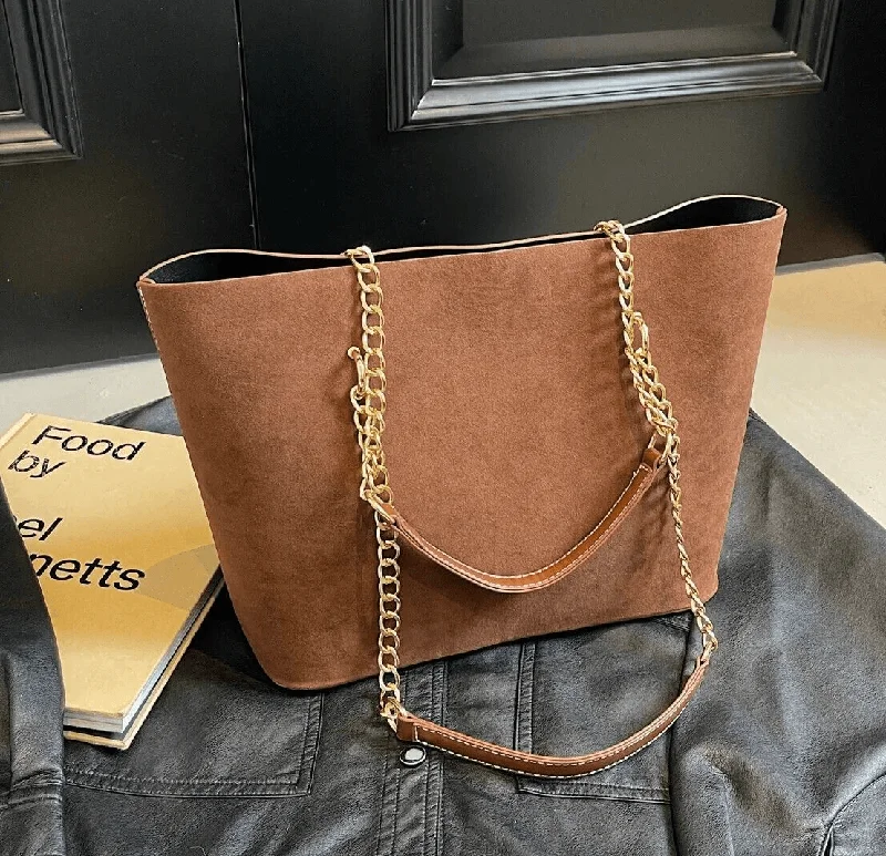 Shoulder bags perfect for trips with durable fabric -Large Tote Handbags Nubuck Leather Chain Straps Zipper Women Shoulder Bags