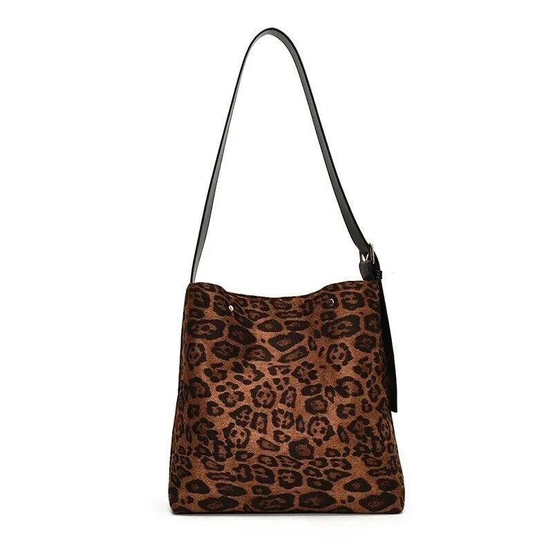 Vibrant shoulder bags featuring bold hues for flair -Leopard Large Nubuck Leather Shoulder Bags Women Snap Adjustable Strap Handbags