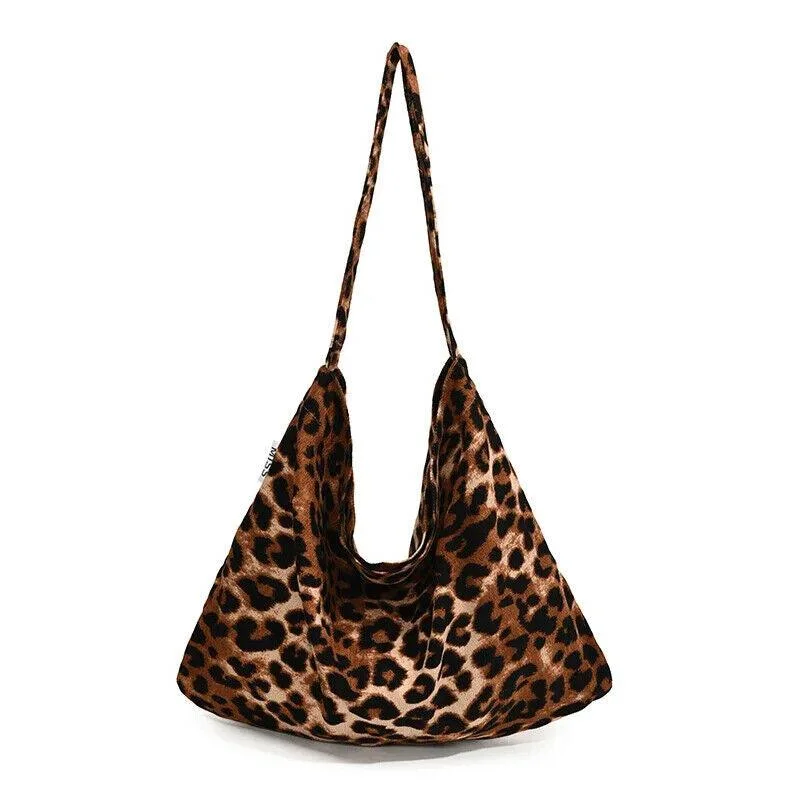 Shoulder bags in deep hues for cool vibes -Leopard Large Shoulder Bags Soft Canvas Fabric Open Women's Handbags Purse