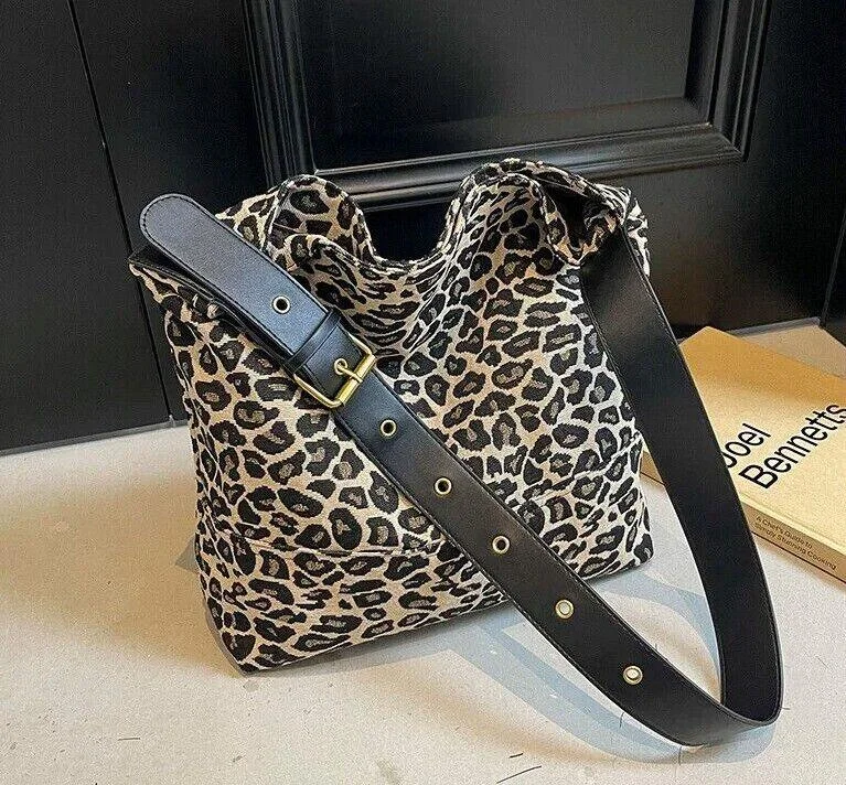 Shoulder bags with patchwork for boho craft style -Leopard Large Shoulder Bags Soft Canvas Fabric Snap Women's Square Crossbody