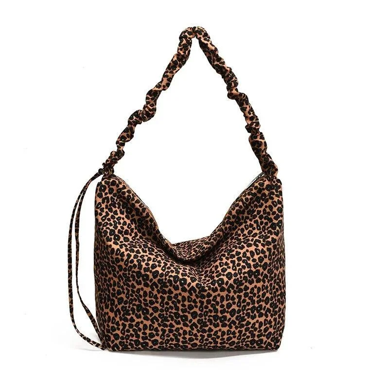 Shoulder bags featuring tough canvas for rugged use -Leopard Large Shoulder Bags Soft Canvas Fabric Zip Women's Shrink Ruffle Handle