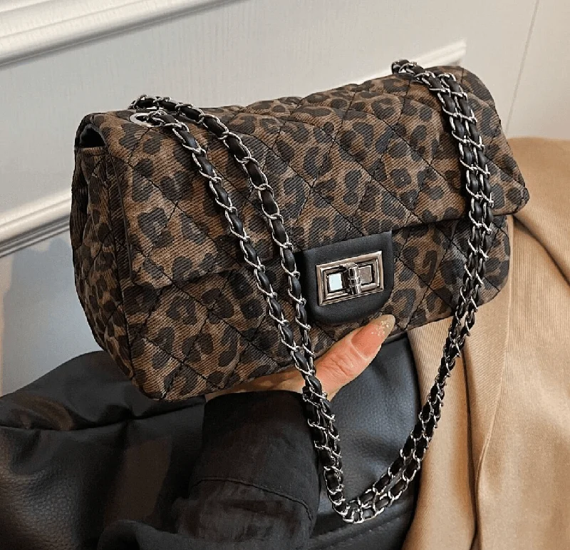 Shoulder bags with big openings for easy access -Leopard Quilted Plaid Shoulder Bag Chain Strap Flap Twist Turn Lock Women Purses