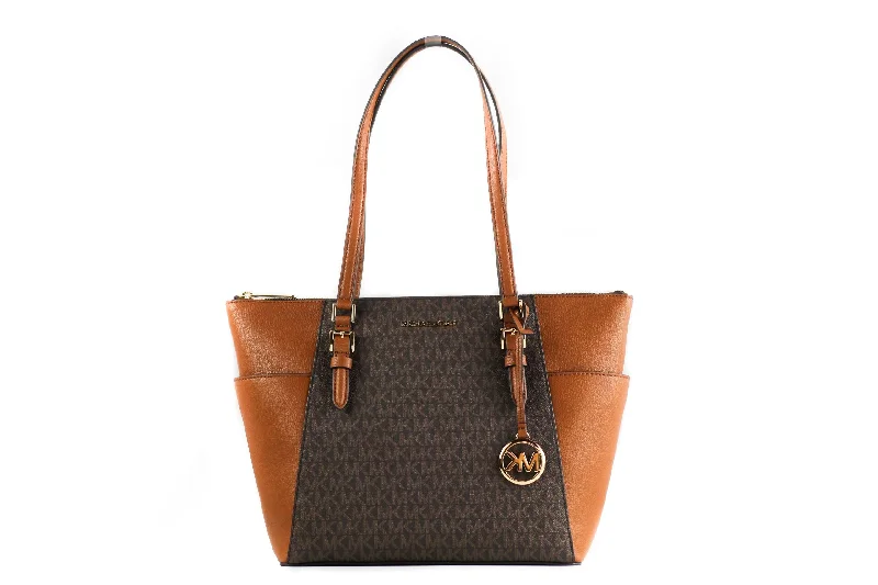 Unique patchwork tote bags for a bohemian-inspired, handmade accessory -Michael Kors Charlotte Signature Leather Large Top Zip Tote Handbag Bag (Brown)