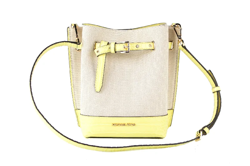 Small leather tote bags for minimalist fashionistas who prefer compact designs -Michael Kors Emilia Small Canvas Snakeskin Print Leather Bucket Bag Messenger Crossbody Handbag (Buttercup)