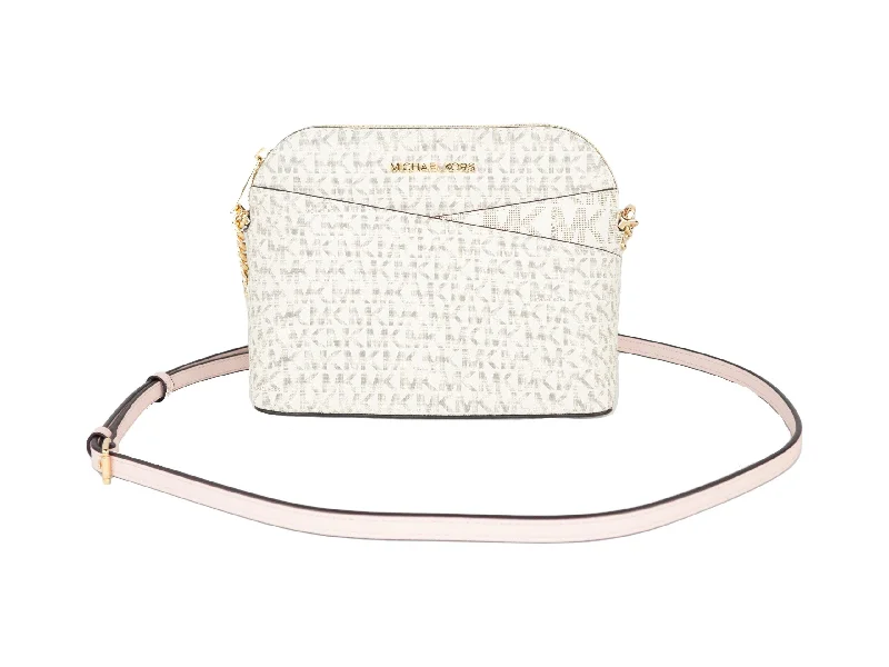 Designer tote bags with unique prints for high-end fashion lovers -Michael Kors Jet Set Travel Medium Leather X Cross Dome Crossbody Handbag (Vanilla Signature/Powder Blush)