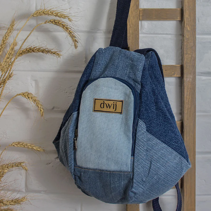 Shoulder bags with woven details for artisan touch -Blue - Upcycled Denim Convertible Tote Bags