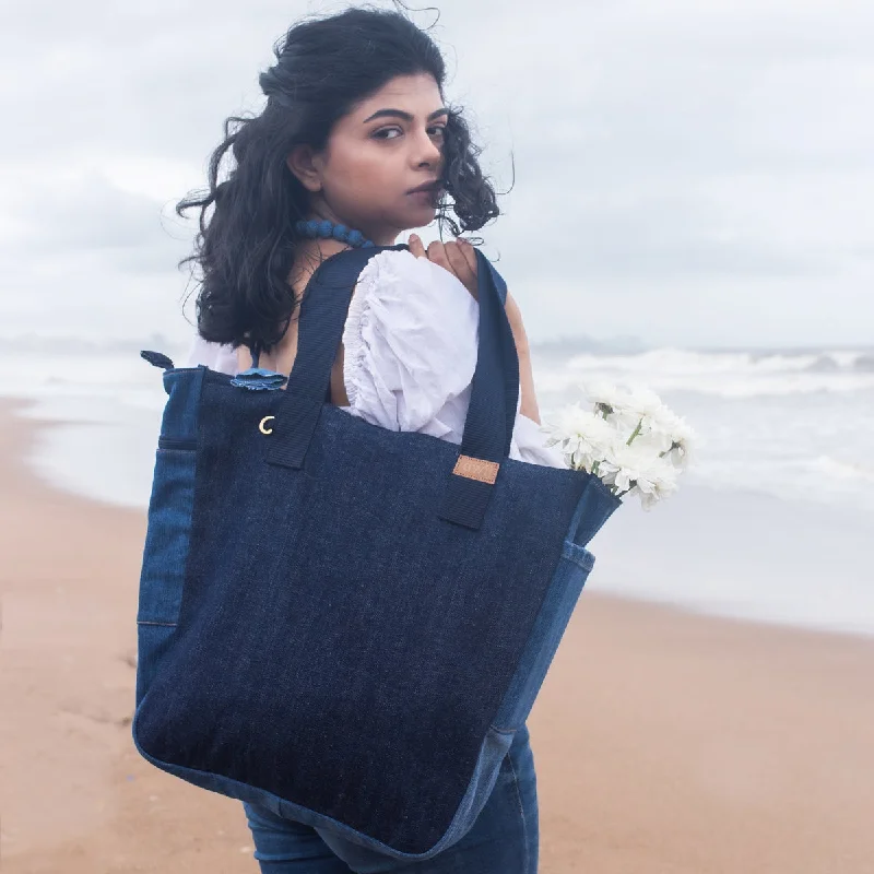 Shoulder bags featuring fuzzy trim for plush texture -Blue - Upcycled Denim Large Tote Bag