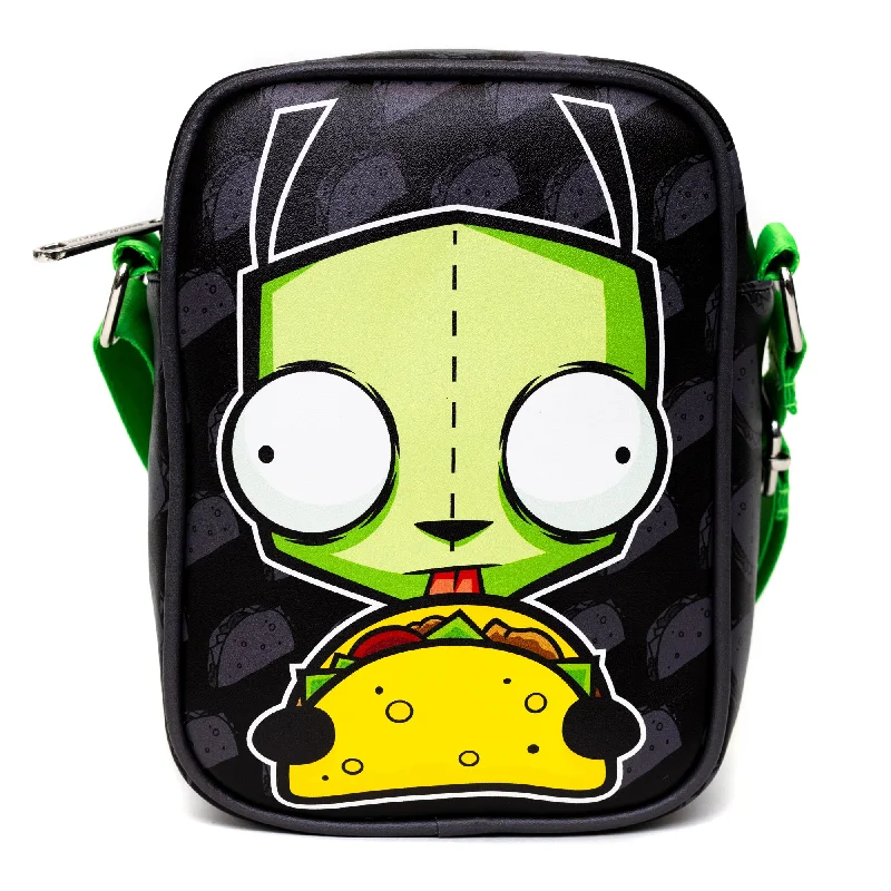 Stylish tote bags with vegan leather straps for eco-friendly fashion choices -Nickelodeon Bag, Cross Body, Invader Zim GIR Taco Pose With Taco Print Black Gray, Vegan Leather