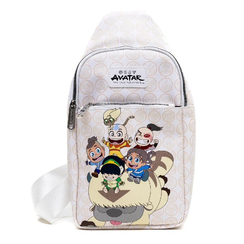 Tote bags with detachable pouches for easy organization and convenience -Nickelodeon Vegan Leather Crossbody Sling Bag, Avatar Last Airbender Chibi Group Pose on Appa, White, 7" x 14"