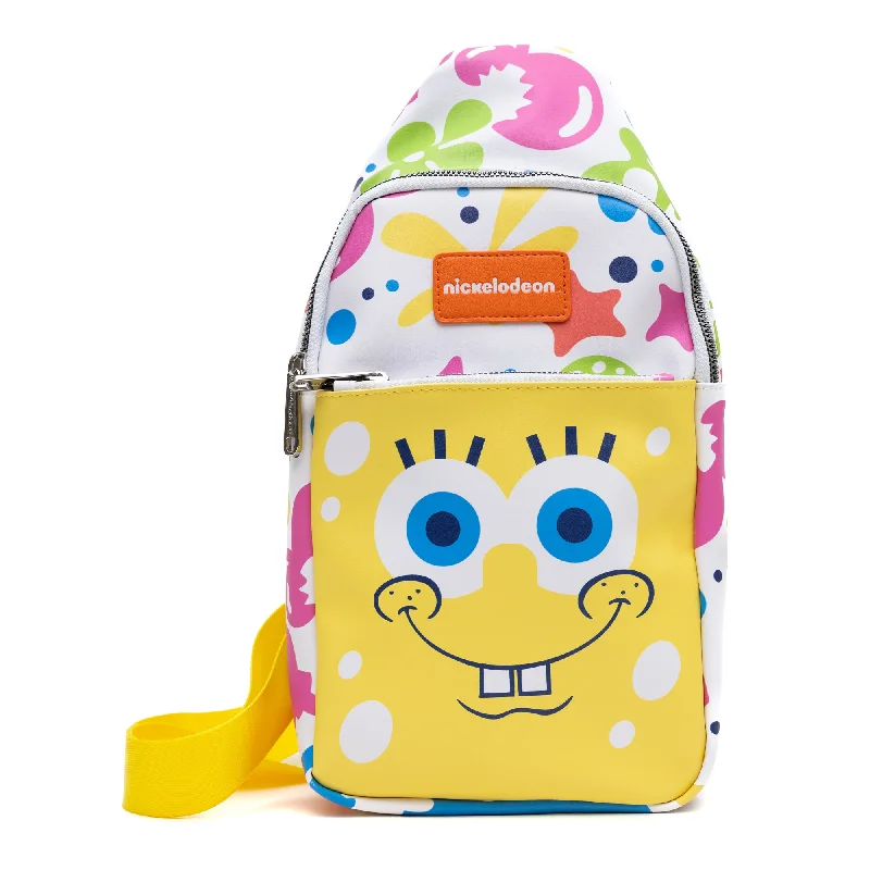 Large tote bags with zippered compartments for secure and spacious carrying options -Nickelodeon Vegan Leather Crossbody Sling Bag, SpongeBob SquarePants Smiling Character Close Up and Icons, 7" x 14"