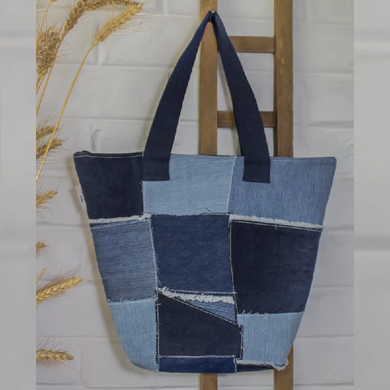 Shoulder bags with dual straps for extra support -Blue - Upcycled Denim Patched Tote Bags