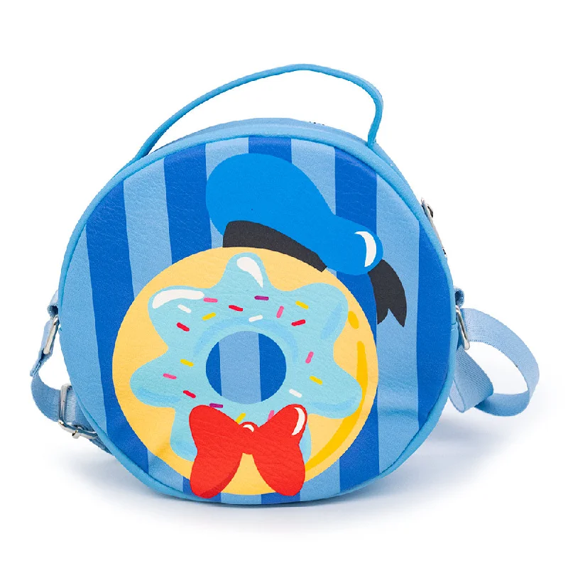 Stylish canvas tote bags for everyday use and casual fashion choices -Round Crossbody Bag - Donald Duck Donut Dessert with Stripes Blues