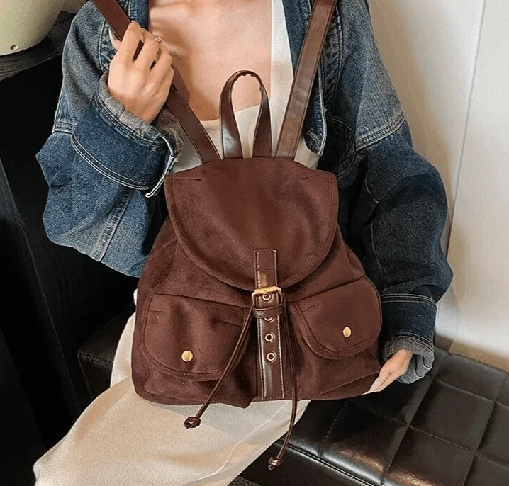 Shoulder bags featuring logo stitching for brand love -Suede Women Backpacks Soft Flap Outer Pockets Drawstring Medium Shoulder Bags