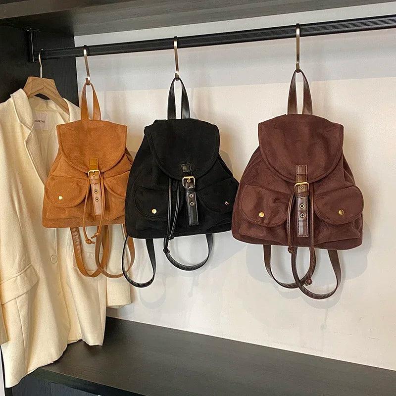 Shoulder bags designed for work with sleek charm -Suede Women Backpacks Soft Flap Outer Pockets Drawstring Medium Shoulder Bags